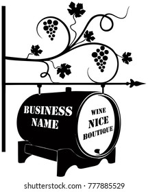 Street pointer for a wine boutique with a grapevine and a barrel.