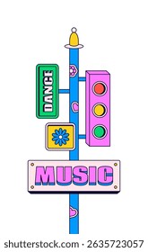 Street pole with signs labeled “music” and “dance” alongside a traffic light and floral decorations vector illustration with a hand-drawn, outlined cartoon look