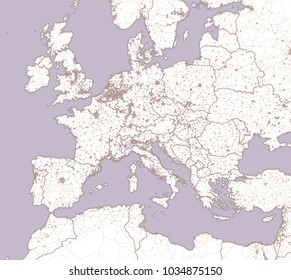 Street and political map of Europe and North Africa. European cities. Political map with the border of the states. Urban areas. Street directory, atlas