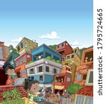 Street of poor neighborhood with cartoon happy people. Slum. Favela.