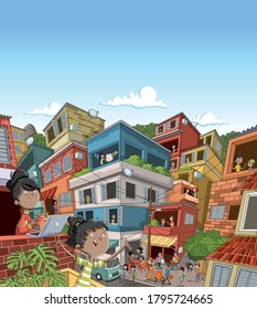 Street Of Poor Neighborhood With Cartoon Happy People. Slum. Favela.