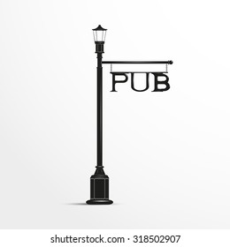 Street post with a sign. Black and white vector illustration.