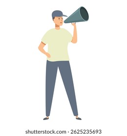 Street promoter announcing through megaphone, advertising and marketing concept