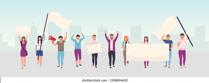 Street protest action flat illustration. Protestors, social movement activists holding blank banners, placard cartoon characters. Political demonstration, human rights protection city picket concept