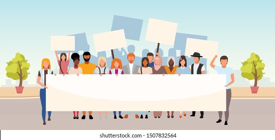 Street protest flat vector illustration. Unity in diversity. Social movement, demonstration. Multicultural activists, protesters holding blank banners cartoon characters. Human rights protection event