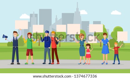 Street protest flat vector illustration. City nature saving, human rights protection, meeting, strike, social movement. Activists, protesters, participants in urban park with empty placards in hands