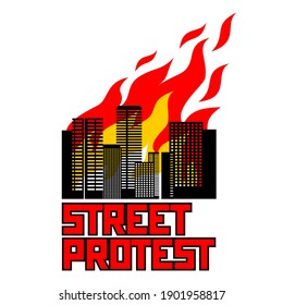 Street protests and clashes in the city. Fire Burning Multi-Storey Houses Flat Design Vector Transparent Background