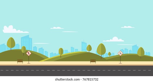 Street in public park with nature landscape and building background vector illustration.Main street scene with public sign vector.City street with sky background