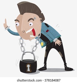 a street punk man screams out with with big padlock necklace on 