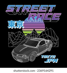 Street race car, Tokyo Japan, race car wireframe illustration, Tokyo Japanese text translation