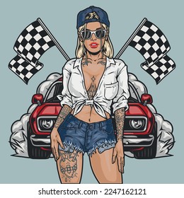 Street racer girl colorful emblem young tattooed blonde woman in front of racing flags and fast car vector illustration