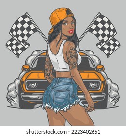 Street racer girl colorful label cocky beauty woman gives start for race car with smoke under wheels vector illustration