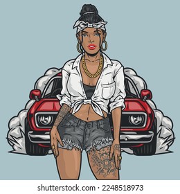 Street racer girl colorful label Latino American woman with tattoos in front of red competition car vector illustration