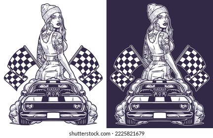 Street racer girl emblem monochrome cool racing car and young woman driver with california tattoo under tank top vector illustration