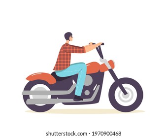 Street Racer Hobby or Lifestyle, Urban Culture Concept. Brutal Biker Male Character Riding Custom Motorcycle, Man in Helment Travel on Chopper, City Subculture. Cartoon People Vector Illustration