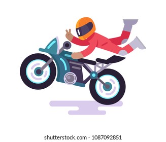 Street racer making tricks on motorbike vector illustration isolated on white background. Cute biker showing peace sign, man in helmet drives scooter