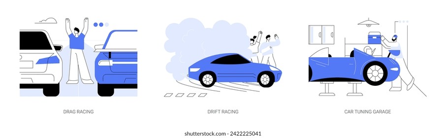 Street racing abstract concept vector illustration set. Drag racing competition, drifting show, car tuning garage, high speed vehicles, professional motorsport industry abstract metaphor.