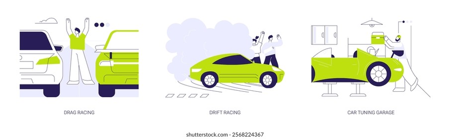 Street racing abstract concept vector illustration set. Drag racing competition, drifting show, car tuning garage, high speed vehicles, professional motorsport industry abstract metaphor.