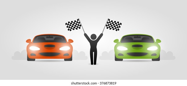 Street racing cars and girl with race flags