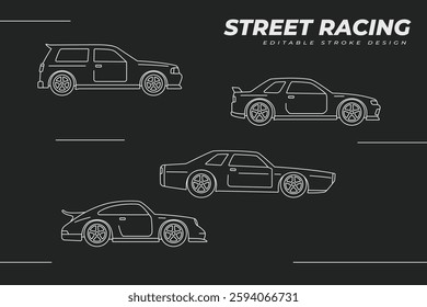 Street racing cars line art drawing vector illustration. Fast car icons set collection. Car meet flyer banner design concept. Editable stroke