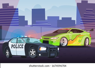 Street racing in city scene with chasing police car approaching violator and warning text abstract vector illustration