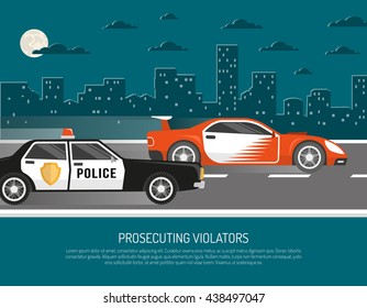 Street racing in city scene with chasing police car approaching violator and warning text abstract vector illustration 