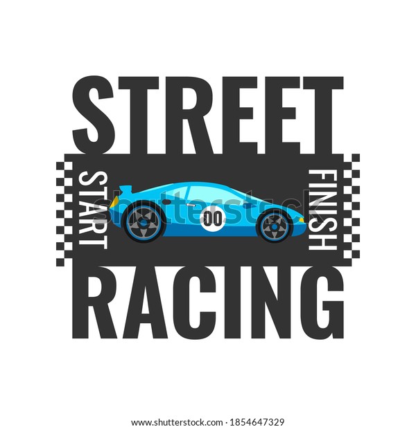 Street racing club\
logo, sign, icon, poster, banner concept design. Blue sport car on\
road. Vector\
illustration