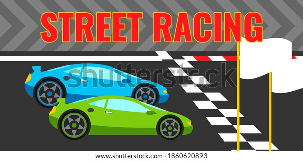 Street racing club\
poster, banner concept design. Blue and green sport cars on road.\
Vector illustration