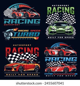 Street racing colorful set flyers with fast cars with turbo engines for high-speed competitions and finishing flags vector illustration