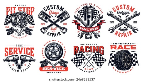 Street racing colorful set flyers with helmets for drivers of super fast cars near burning speedometers vector illustration