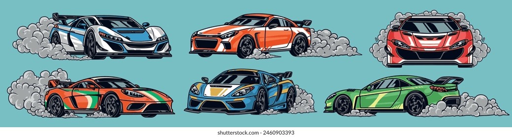 Street racing colorful set labels fast sports cars with smoke coming from under wheels participating in extreme competitions vector illustration