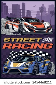 Street racing colorful vintage sticker with cars drifting around corners during extreme competitions against rivals vector illustration