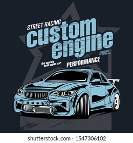 street racing custom engine, illustration of a drift sports car