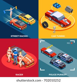 Street racing drift isometric design concept with motor vehicle parts racer and female models human characters vector illustration