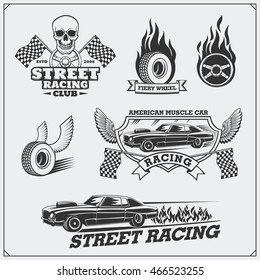 Street racing emblems, labels, badges and design elements. Vintage style.