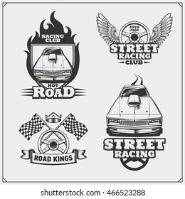 Street racing emblems, labels, badges and design elements. Vintage style.