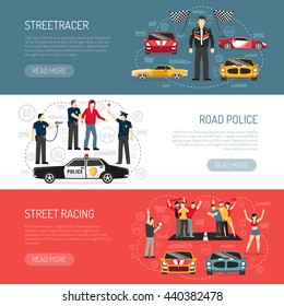 Street racing flat horizontal banners set with information about participants and road police abstract isolated vector illustration