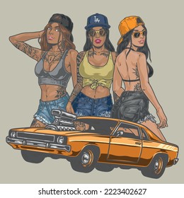 Street racing girls emblem colorful with three cocky girlfriends and cool retro car for urban competitions vector illustration