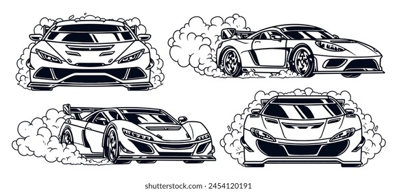 Street racing monochrome set stickers with sports cars blowing smoke from under wheels while driving fast around city vector illustration