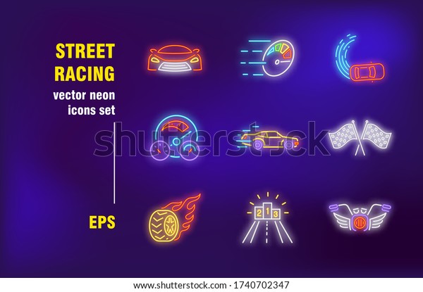 Street racing neon signs set. High speed sport\
cars, wheel in fire, champion podium, flags, motorbike. Night\
bright advertising. Vector illustration in neon style for\
billboard, banners,\
posters