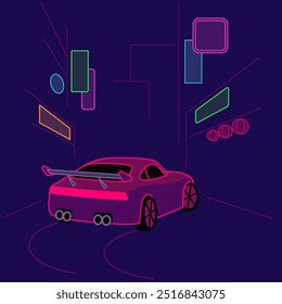 Escena urbana nocturna de carreras callejeras. Coche deportivo personalizado y luces de neón de la ciudad. Ilustración de diseño de Vector simple.