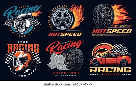 Street racing set flyers colorful with burning wheels from cars near turbo engine for drag or drift race vector illustration