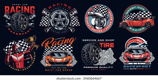 Street racing set stickers colorful cars near wheels and air suspension spare parts for repairing broken sports automobiles vector illustration