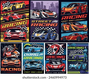 Street racing set stickers colorful with professional racers near cars with powerful engines for drag tournament vector illustration