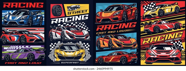 Street racing set stickers colorful automobiles near words fast and loud to decorate interior of car repair shop vector illustration