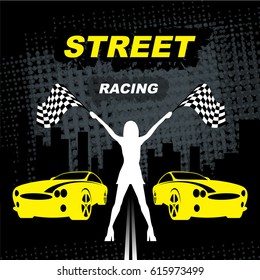 Street Racing. Sport Girl With Starting The Checkered Flag. Auto Motor Racing