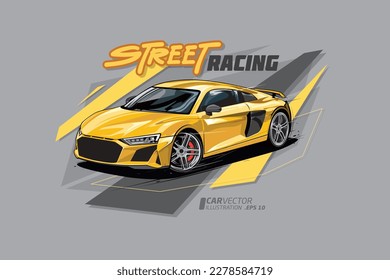 Street Racing Vector Illustration. Icon yellow sport car vector template illustration can use logo t shirt, apparel, sticker group community, poster, flyer banner modify auto show. svg