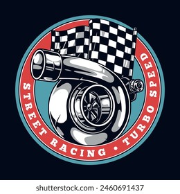 Street racing vintage flyer colorful with car turbine with turbo drive and finish flags for automobile design vector illustration
