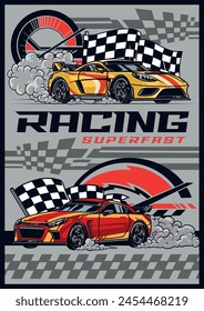 Street racing vintage poster colorful with super fast cars with speedometers and finish flags for competition vector illustration