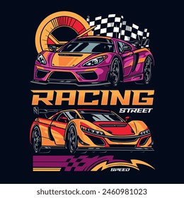 Street racing vintage poster colorful with tuned automobiles for motorsport community fond of extreme championships vector illustration